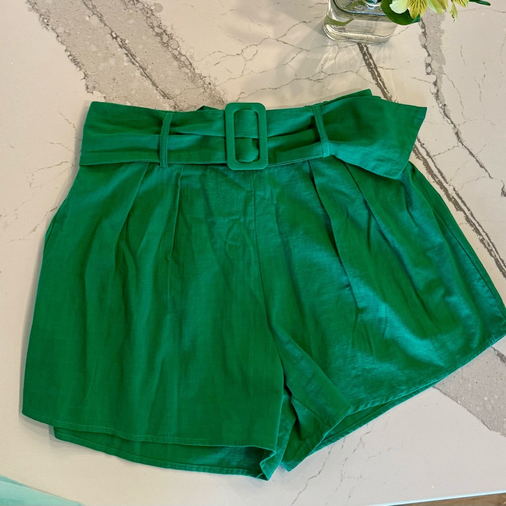 SHEIN Green High Waist Shorts with Belt